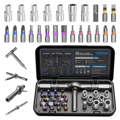 25-in-1 Ratcheting Screwdriver Set with Magnetic S2 Steel Bits, Multi Bit Screwdriver Tool Kit with Storage Case for Electronics Repair, Furniture Assembly, Computer, Bicycle & DIY Home Tools - size: 25 in 1 Grey