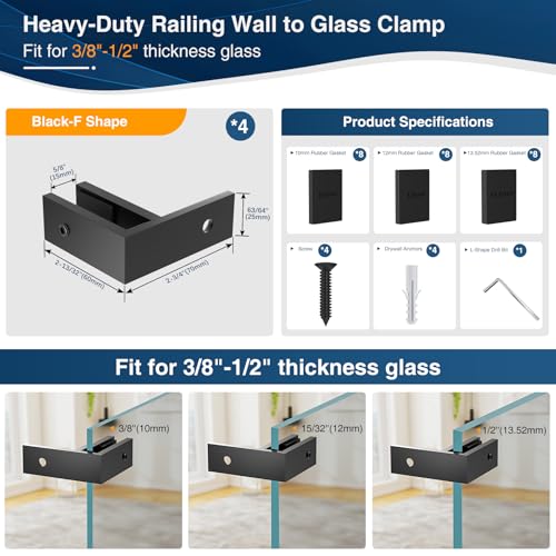 4 Pack Black Railing Wall to Glass Clamp, F-Shape Glass Railing Clip - size: 4 Pack, style: F Shape