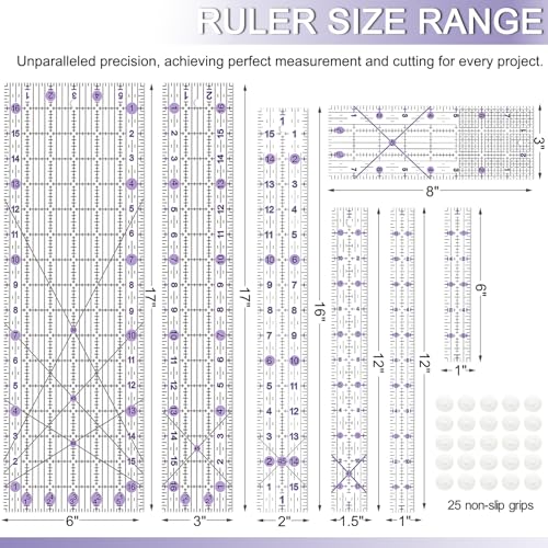Quilting Ruler, Sewing Ruler, 8 Pack, Acrylic Quilting Templates(6"x17", 3"x17", 2"x16", 1.5"x12", 1"x12", 1"x6", 8"x3"), Non Slip Rings 25 Pieces, Sewing and Quilting Supplies - Clear/Purple - color: Purple