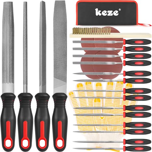 Keze 25 Pcs Metal File Set,Premium T12 Carbon Steel Flat/Half-Round/Round/Triangle Large Files,14 Pcs Needle Files with Case,4 Pcs Sandpaper,Brush,and A Pair of Gloves,for Woodworking