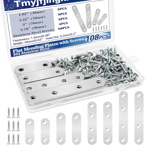 108PCS 4Sizes Flat Metal Brace Brackets Mending Plates for Wood Stainless Steel Bracket Plate with Holes (46mm/56mm/76mm/96mm) YY001 - color: Silver, size: Flat style