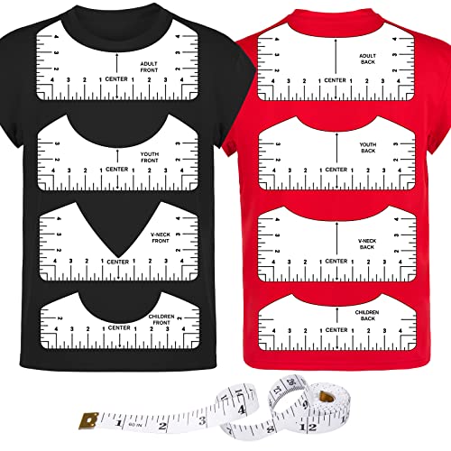 9Pcs Tshirt-Ruler Guide to Center Vinyl, Transparent V-Neck/Round PVC Ruler for Alignment, Heat Press, Children Youth Adult, Front and Back Measurement (10in) - style: Tshirt Ruler-9-Balck