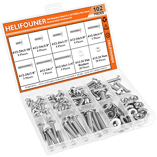 HELIFOUNER 102 Pieces #12-24 Phillips Pan Head Machine Screws Nuts Washers Assortment Kit, Coarse Thread, Fully Machine Threaded, 304 Stainless Steel - size: #12-24, style: Phillips Pan Head