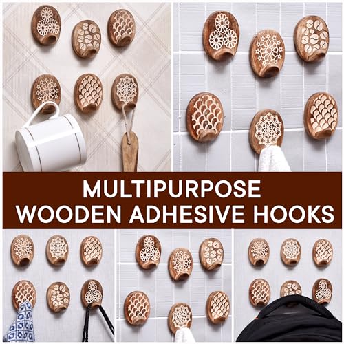 Indian Shelf 6 Boho Wood Adhesive Wall Hooks Peel Stick for Keys and Bags - color: Brown Style 7