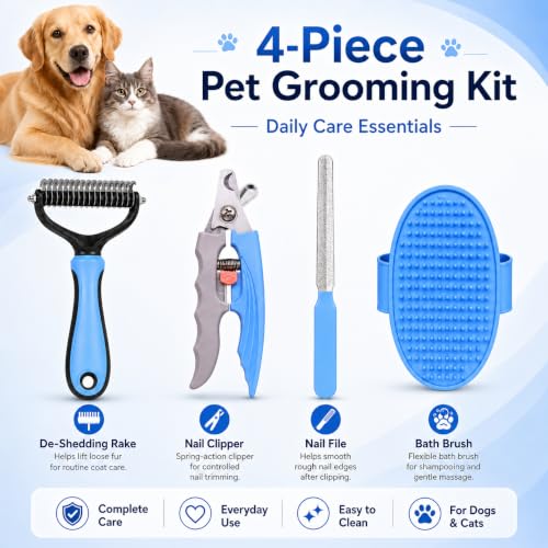 4-Piece Pet Grooming Kit with Rake, Nail Clippers and Bath Brush - color: Blue-4 CPS