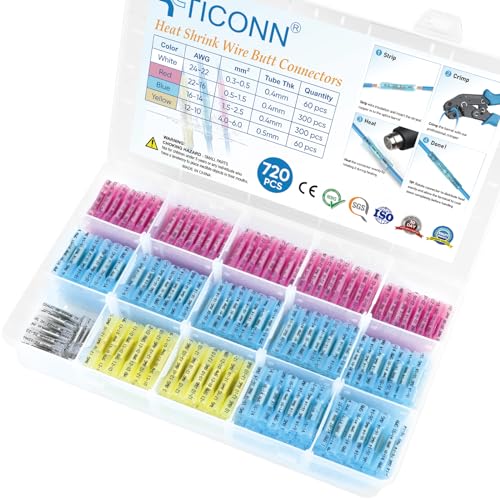 TICONN 720PCS Heat Shrink Butt Connectors, Crimp Wire Connectors Kit - size: 720 PCS-4Sizes