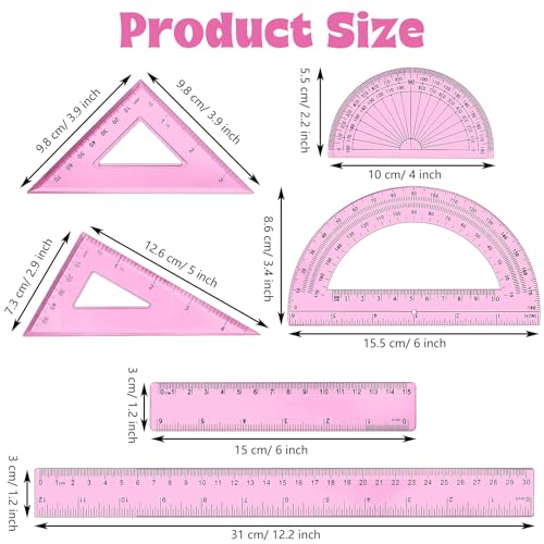 Tenare 6 Pcs Math Geometry Ruler Set, Protractor Triangle School,Pink - color: Pink