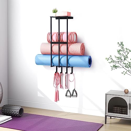 Camping Chair Wall Storage for Garage, Metal Camping Chair Storage Rack Wall Holder, Floating Shelf, 4 Hooks, Stainless Steel, Beach Chair Rack, Umbrella Holder, Garage Chair Organizer, Matte Black
