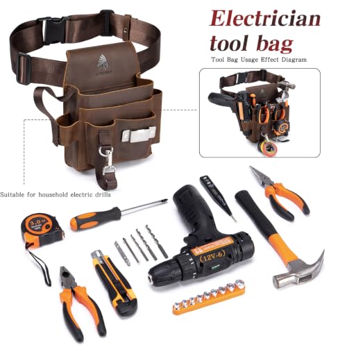 Genuine Leather Electrician Tool Pouch and Belt, Adjustable Leather Tool Belt with Multi-Pockets for Electricians, Brown - size: Small