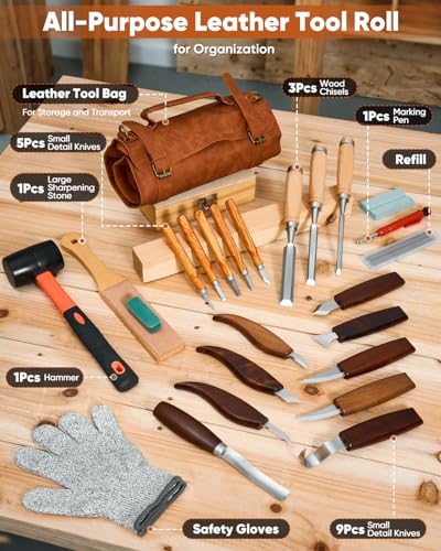 SakerNeo 25-Piece Wood Carving Kit Whittling Kit with Leather Storage Bag - color: Brown 25pcs