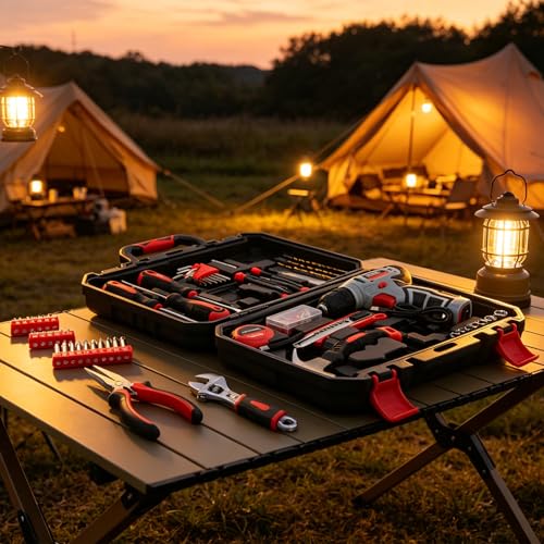 CARTMAN 150-Piece 8V Cordless Drill Hand Tool Set, Red Household Repair Kit - color: Red