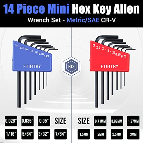 FTIHTRY 14pcs Mini Hex Key Allen wrench Set, Metric(0.7-3mm) and SAE(0.028-7/64"), Chrome Vanadium Steel