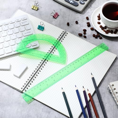 Zonon 2 Pcs 12 Inch Clear Ruler and 6 Inch Plastic Protractor Set, Green - color: Green