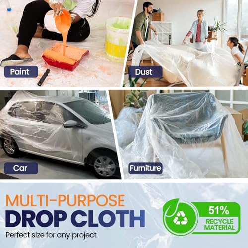 20 Pack 12 x 9 ft Extra Large Plastic Drop Cloth for Painting - size: 20 Pack-Standard