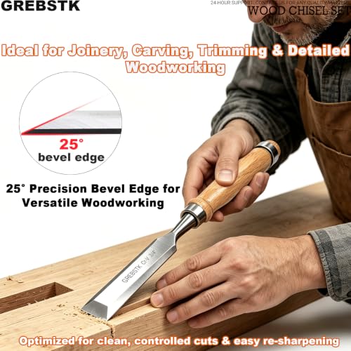 GREBSTK 4 Piece Wood Chisel Set CR-V Steel Sharp Bevel Edge for Woodworking