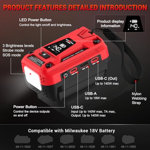 140W Battery Bidirectional Charger Compatible with Milwaukee 18V Battery | Dual USB-C 140W Output, Single USB-A 18W Output, Maximum Output of 280W, 700LM LED Work Light & LED Display (No Battery) - color: Red