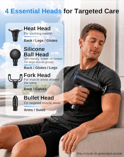 arboleaf Heated Massage Gun Deep Tissue, 3 Heat Levels, Silicone Round Head | massager gun with 5 preset speeds, adaptive pressure mode, 10mm amplitude, 4 heads, USB-C charging, low battery indicator - color: Matte Black