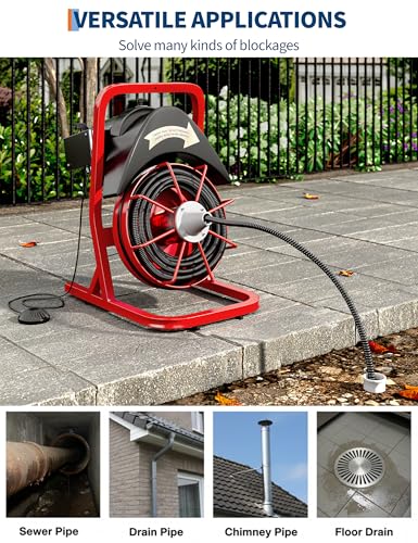 Garvee Drain Cleaner Machine, 75 Ft x 1/2 Inch Steel Core Cable, Portable 370 W Electric with Sewer Auger, Cutter, Air-Activated Foot Switch, for Commercial, Home