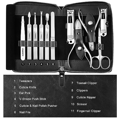 FAMILIFE Stainless Steel Manicure Set 11-in-1 Professional Nail Clipper Kit | Portable Leather Travel Case, Pedicure & Grooming Tools for Fingernails & Toenails, Luxury Gift for Men & Women, Glossy Black - color: Black
