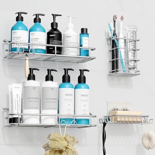 Nieifi Shower Caddy Adhesive, Shower Shelves, Shampoo Holder for Bathroom - color: A-Silver, size: 4 Pack