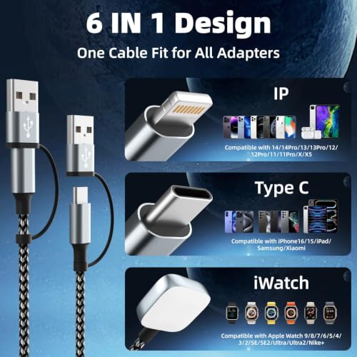 Travel Essentials 3 in 2 Multi Charging Cable for iWatch Charger/iPhone17-8 - color: Greywhite, size: 2Pack 5FT