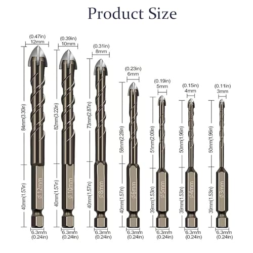 Carbide Tip Tile Drill Bit Set, 7 Piece Cross Head with Hex Shank, 3-12mm, for Ceramic, Glass, Concrete, Brick, Wood, Plastic