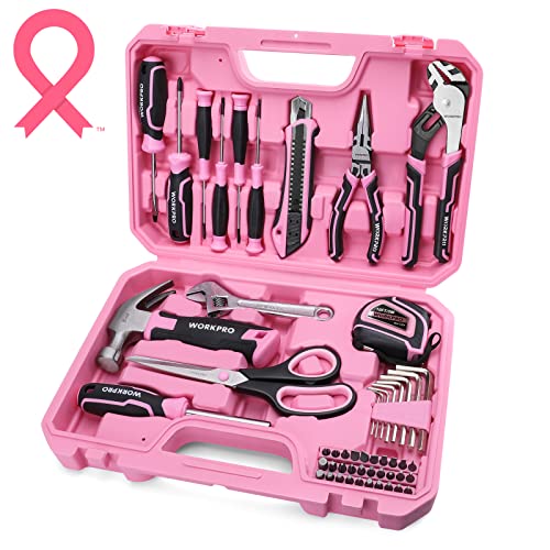 WORKPRO 52-Piece Pink Tools Set, Household Tool Kit with Storage Toolbox