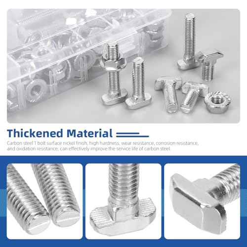 Glarks 120pcs M8 T Slot Drop-in Bolt with Hexagon Flange Nut Set, 16/20/25/30/35/40MM Hammer Head T-Bolt, T Shape Stud Sliding Screw Assortment Kit - size: M8