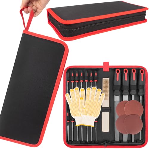 Keze 25 Pcs Metal File Set,Premium T12 Carbon Steel Flat/Half-Round/Round/Triangle Large Files,14 Pcs Needle Files with Case,4 Pcs Sandpaper,Brush,and A Pair of Gloves,for Woodworking