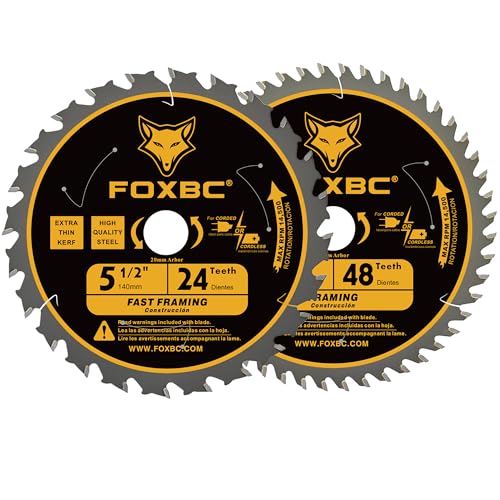 FOXBC 5-1/2" Circular Saw Blade 24T 48T Fast Framing for Wood Cutting, 20mm Arbor with 10mm, 1/2", 5/8” Bushings - 2 Pack