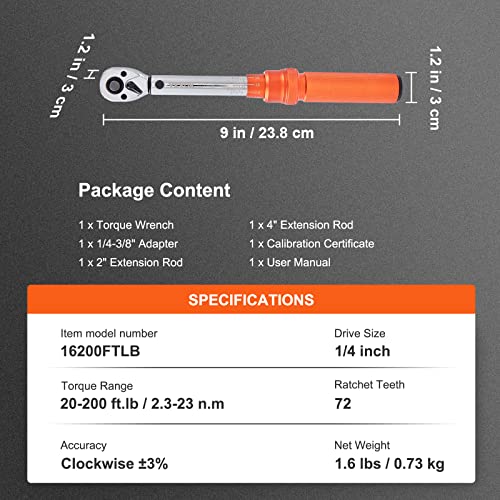 VEVOR 1/4-inch Drive Click Torque Wrench, 20-200in.lb/3-23n.m Mechanical Dual Range Scales, Dual-Direction Adjustable with Adapters Extension Rod - size: 1/4" 4 PCS