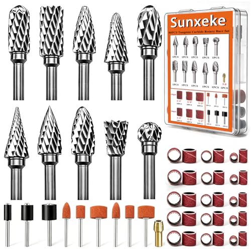 80PCS Tungsten Carbide Rotary Burr Set with Sanding Drums, 1/8" Shank Double‑Cut Rotary Tool Accessories for Dremel & Die Grinder, for Wood Carving, Metal Engraving, Grinding and Polishing - color: 80PCS-5 STYLES