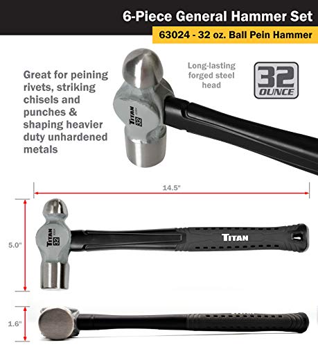 Titan 63136 6-Piece Hammer Set, Includes 16oz & 32oz Ball Pein, 32oz Rubber Mallet, 3lb Sledgehammer, 2lb Dead Blow & 3lb Cross Pein - style: 6pc Set Assorted