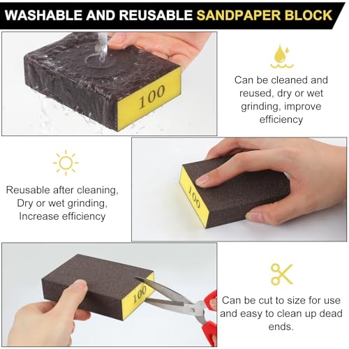 Romeda 8-Pack Sandpaper Block, 100 Grits Washable and Reusable Handmade Sanding Sponge, Drywall Sandpaper Blocks for Wooden Drywall Sheetrock and Metal Glazing - color: 100 Grits, size: 8-Pack