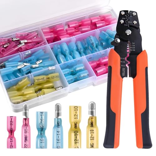 110Pcs Heat Shrink Bullet Wire Connectors Kit with Crimping Tool 22-10AWG Waterproof Bullet Connectors Heat Shrink Female&Male Connector for Automotive Boat Stereo Industrial Equipment