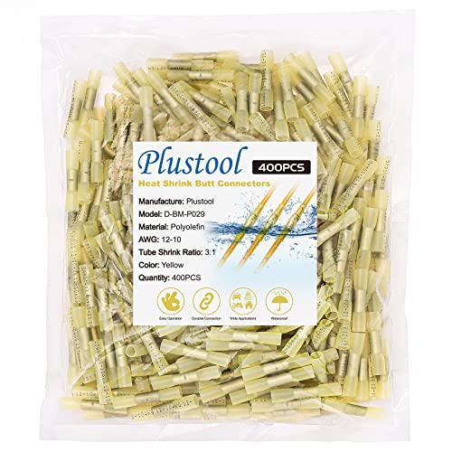 400PCS Yellow Heat Shrink Butt Connectors AWG12-10, Plustool Marine Grade Electrical Wire Connectors,Tinned Red Copper1.0mm, Insulated Waterproof Crimp Terminals Butt Splice for Cable,Boat,Wiring - color: Yellow 400PCS