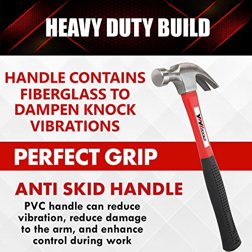 YIYITOOLS Claw Hammer With fiberglass Handle – 16-oz, Red and Black (YY-1-003) - size: 16oz - Fiberglass Handle