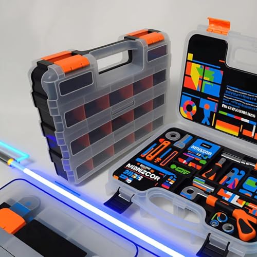 Double Side Tools Organizer, Plastic Tool Box, 34-Compartment, Double Side Storage Case Tools Box with Removable Dividers for Screws, Fishing Accessories,Bolts, Nails, Beads, Jewelry & More
