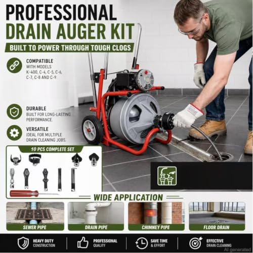 10PCS K-400 Drain Snake Drill Attachment Kit - 5/8 Inch Auger Cutter Heads & Spiral Tips Set for K-400 C-4/C-6/C-7/C-8/C-9, Drain Cleaning Cable Accessories for Plumbers & DIYers