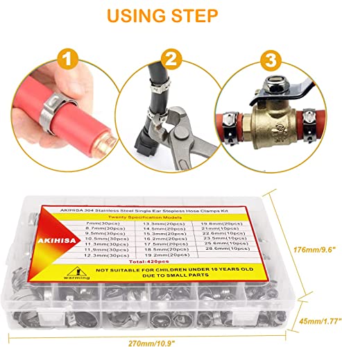 AKIHISA 420Pcs 20 sizes Single Ear Hose Clamps, 7-28.6mm 304 Stainless Steel Pex Crimp Rings Kit, Crimp Hose Clamp Assortment Set for Securing Pipe Hoses and Automotive Use - size: 420Pcs (7.0-28.6mm)