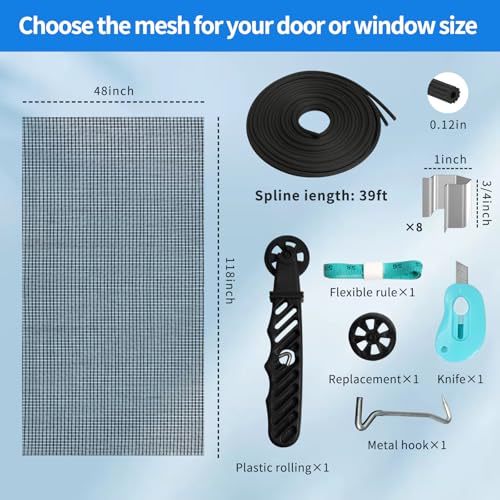 Window Screen Repair Kit, 48"x118" Screen Door Mesh Replacement Kit, Durable Fiberglass Black Window Screen kit with Tools, Rolling, Hook, Spline, Clips for Windows Doors Patio and Porch