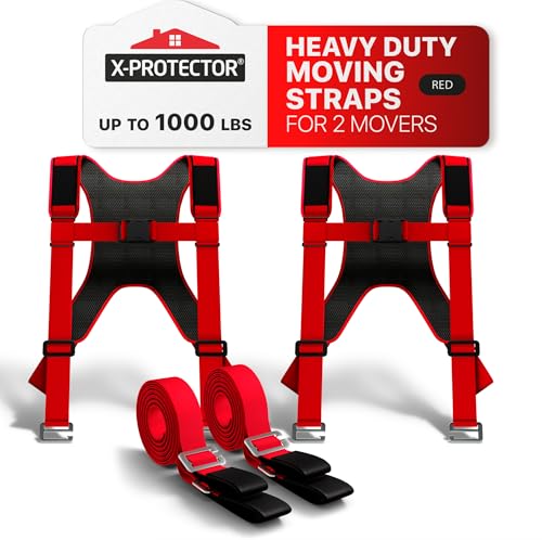 X-Protector Moving Straps - 2 Pairs - Red Lifting Straps for 2 Movers | Move Furniture Easily and Safely - Perfect for Lifting & Moving Heavy Objects (Adjustable Length 50-118”, with Back Support)