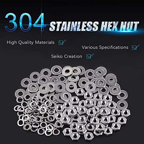 Swpeet 150Pcs Metric 304 Stainless Steel M3 Hex Nuts and M3 Flat Washers with Split Lock Washers Assortment Kit, Coarse Thread Hexagon Nut for Home Automotive Shop Use - size: M3 Hex Nuts & Washers