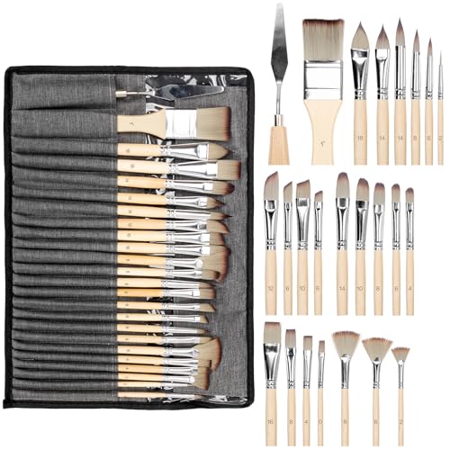 H & B 25PCS Paint Brush Set with Canvas Roll for Acrylic Oil Watercolor - color: Nature Wood