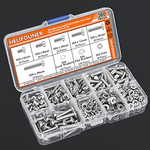 HELIFOUNER 360 Pieces M4 x 6mm /8mm /10mm /12mm /16mm /20mm, Phillips Pan Head Machine Screws, Metric Screws Bolts Washers Nuts Kit, 304 Stainless Steel - size: M4