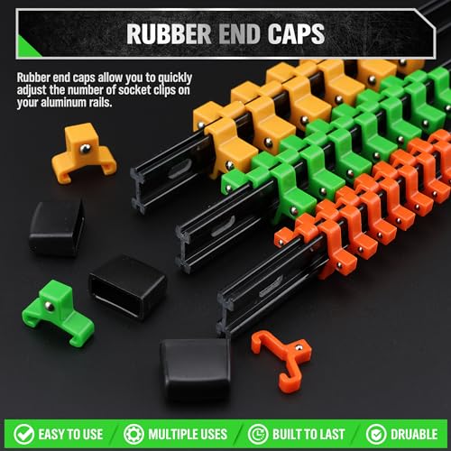 SWANLAKE Organizer Socket Holder, 9PCS 1/4-Inch x 48 Clips, 3/8-Inch x 45 Clips, 1/2-Inch x 36 Clips, Premium Quality Socket Clip Rail Holder - style: 9 PCS Green&Yellow&Orange