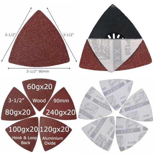 XXGO 100 Pcs 3-1/2 Inch 90mm Assorted Grit Triangle Multitool Sanding Pads | Hook & Loop Design , Strong Velcro , Best for Wood Metal Sanding - size: 3-1/2 Inch Assorted Grits - 100 Pcs