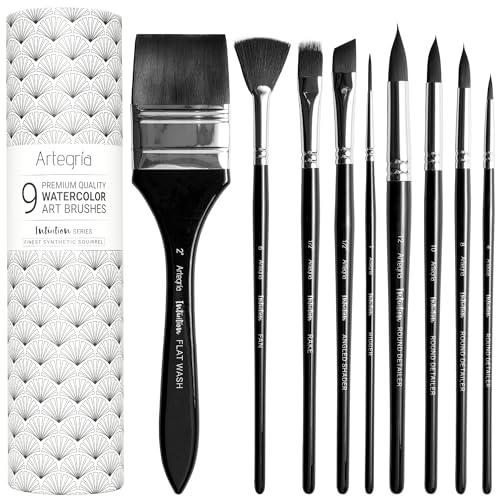 ARTEGRIA Watercolor Brush Set, 9 Soft Synthetic Squirrel Brushes - color: Black - 9pcs