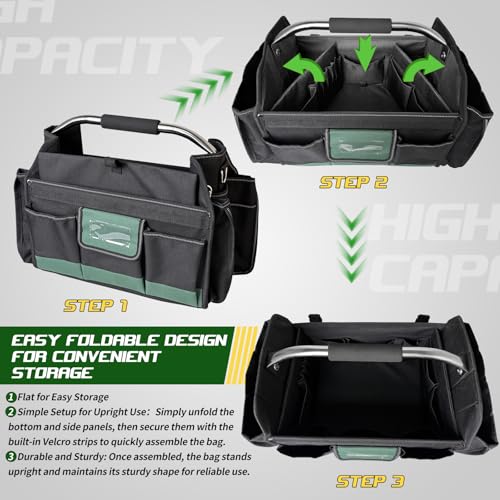 18 Inch Open Top Tool Bag, Tool Bags for Men with 30 Pockets, 1680D Waterproof Fabric, Foldable Electrician Tool Bag with Rotating Handle, Reflective Tool Organizer for Men, Green - color: Black-Green