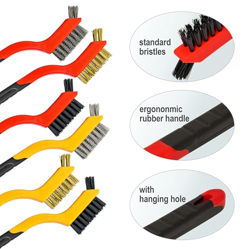 6Pcs Small Wire Brushes for Cleaning Rust, Brass/Nylon/Stainless Steel Brushes with Curved Handle for Cleaning Metal, Paint Removal, Weld Slag & Dirt Cleaning